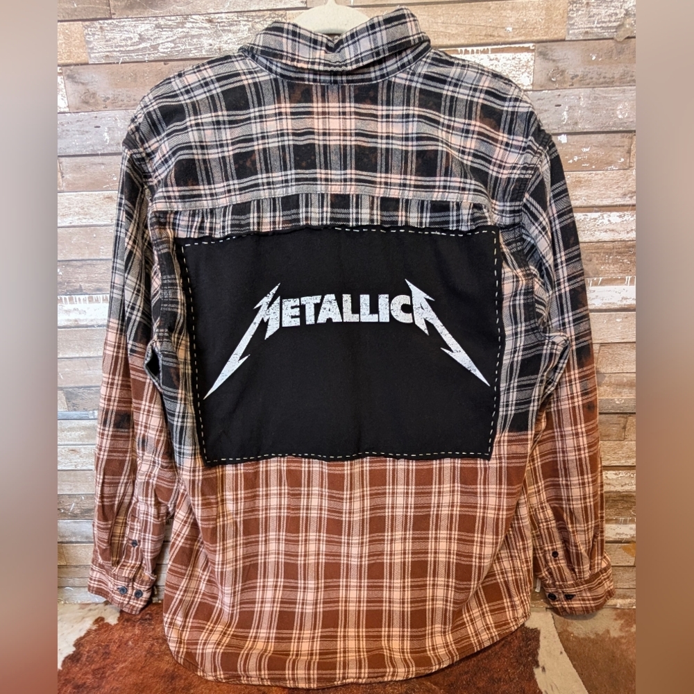 Metallica Graphic Upcycled Dip Dye Bleached Flannel Shirt
